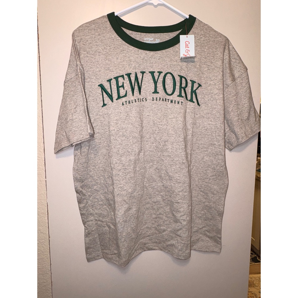 Cat & Jack Boys New York Athletics Ringer Tee Gray Green XL 14 Husky NWT